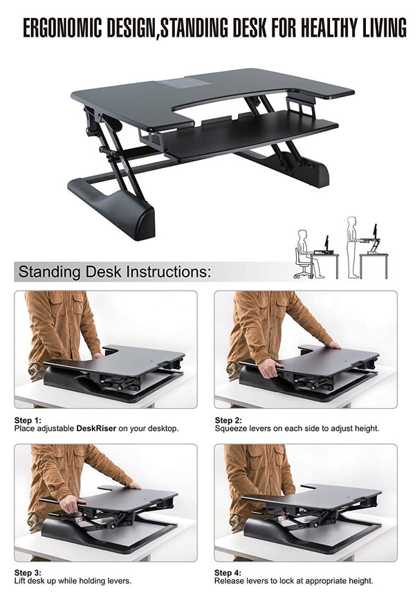 Husky Mounts Sturdy Standing Desk Converter Sit Stand Height Adjustable Computer Desk 36”x 24” Dual Monitor Stand up Desk Elevating Heavy-Duty Monitor Riser Desktop.