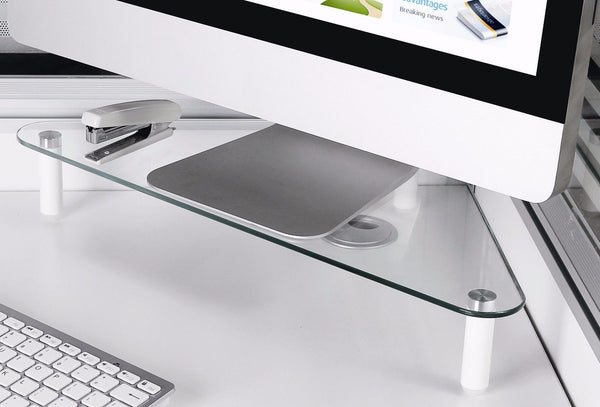 Husky Mount Computer Monitor and Laptop Tabletop Corner Triangle Glass Riser Stand