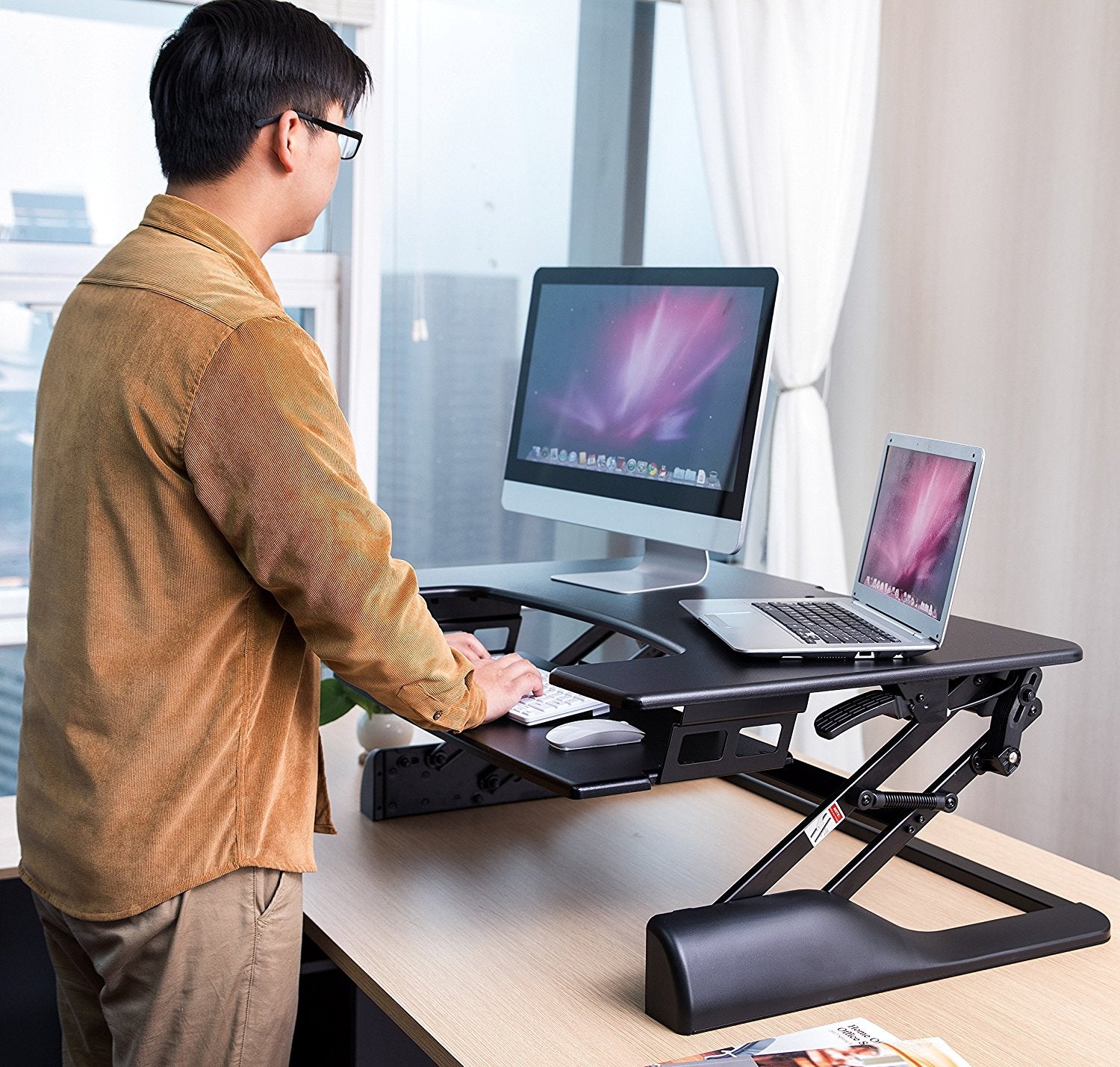 Mount-It! Standing Desk Converter with Bonus Dual Monitor Mount Included -  Height Adjustable Stand Up Desk - Wide 36 Inch Sit Stand Workstation with